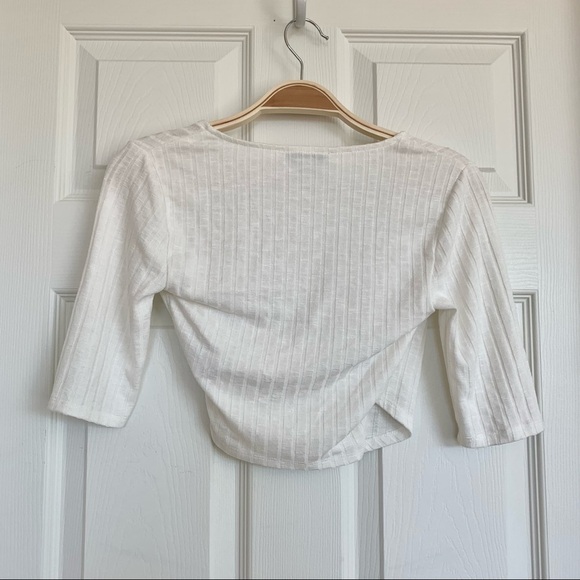 Express Ivory White Ribbed V-Neck Surplice Wrap Crossover Cropped Top - Picture 3 of 5
